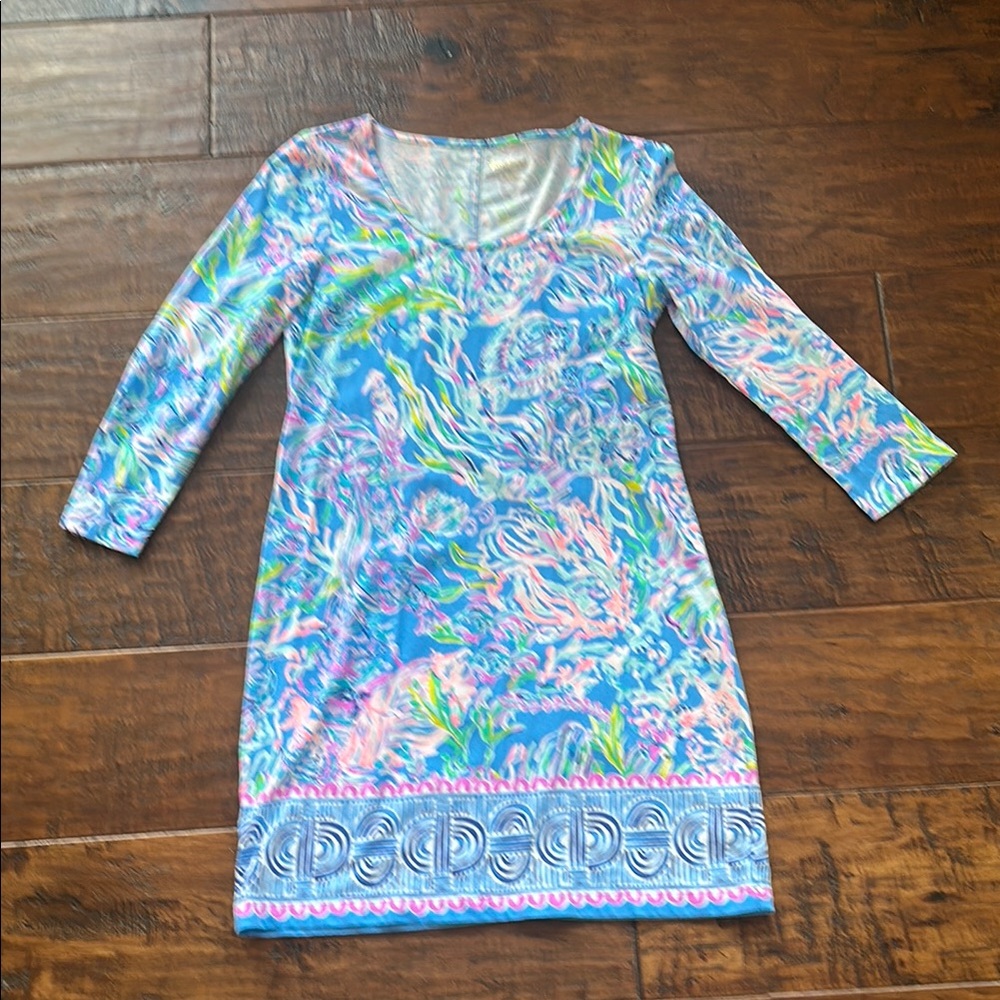 Lilly Pulitzer Blue and Pink Sheath Dress with 3/4 Sleeves size small
